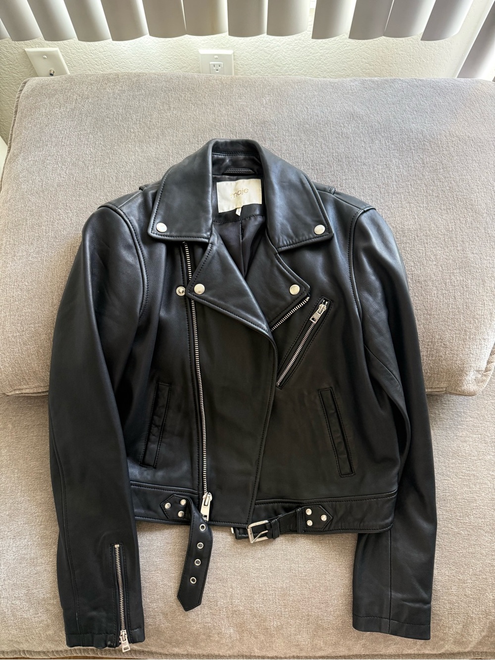 Maje Black Leather Moto Jacket with Silver Hardware